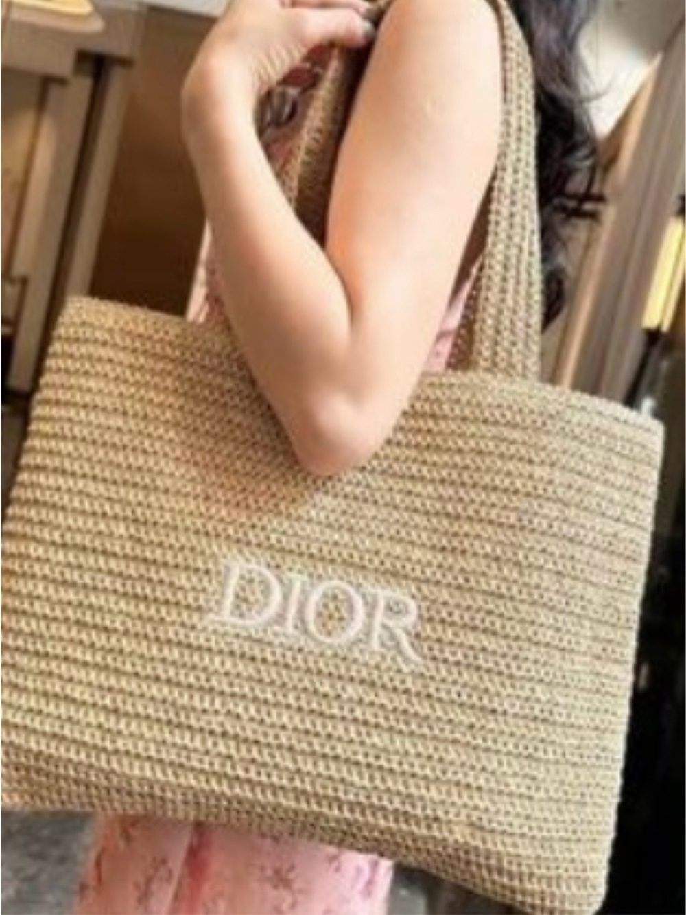 Dior Beige Crochet Tote with White Logo Dior Beauty Raffia Woven Tote Bag
